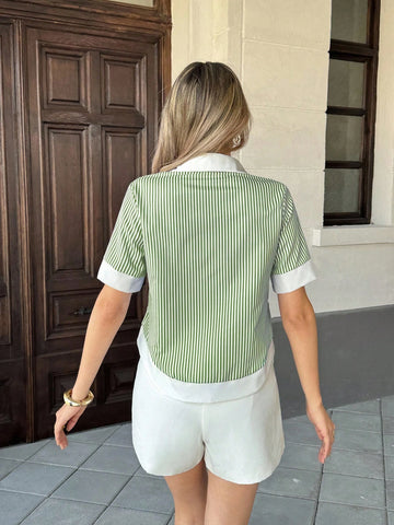 Vacation Striped Patchwork Contrast Pocket Short Sleeve Shirt