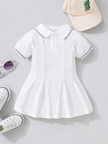 Baby Girl Contrast Collar Fold Pleated Detail Polo Neck Dress