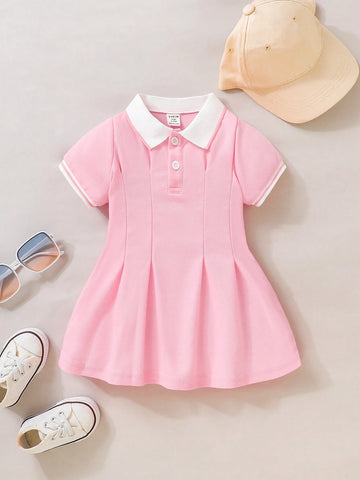 Baby Girl Contrast Collar Fold Pleated Detail Polo Neck Dress