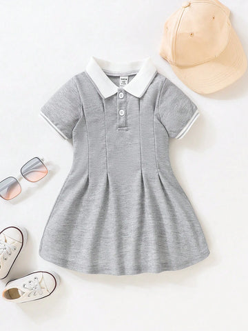 Baby Girl Contrast Collar Fold Pleated Detail Polo Neck Dress