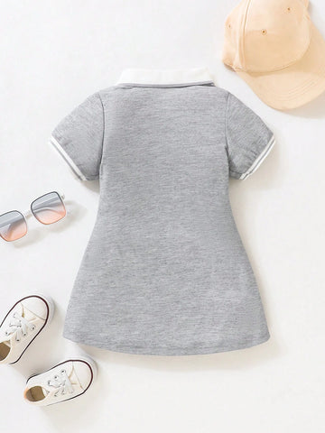 Baby Girl Contrast Collar Fold Pleated Detail Polo Neck Dress