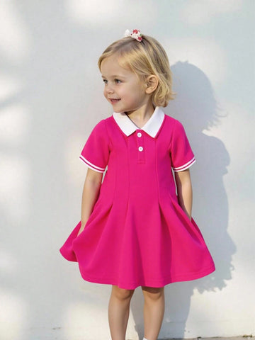 Baby Girl Contrast Collar Fold Pleated Detail Polo Neck Dress