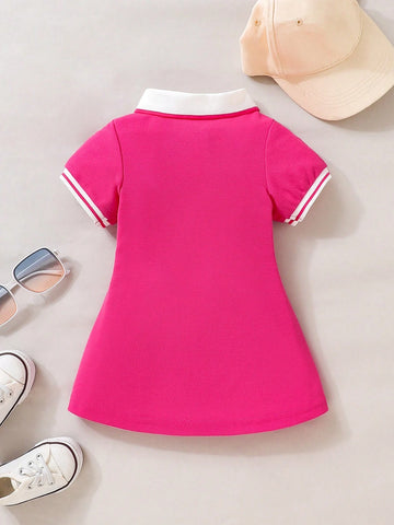 Baby Girl Contrast Collar Fold Pleated Detail Polo Neck Dress