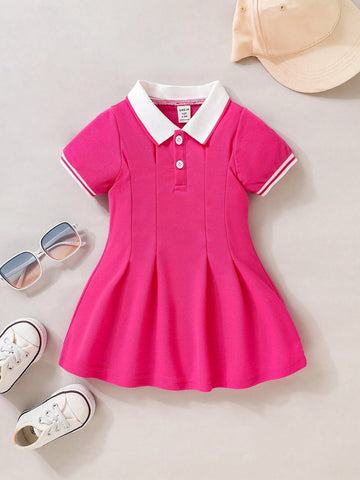 Baby Girl Contrast Collar Fold Pleated Detail Polo Neck Dress