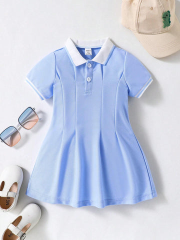 Baby Girl Contrast Collar Fold Pleated Detail Polo Neck Dress