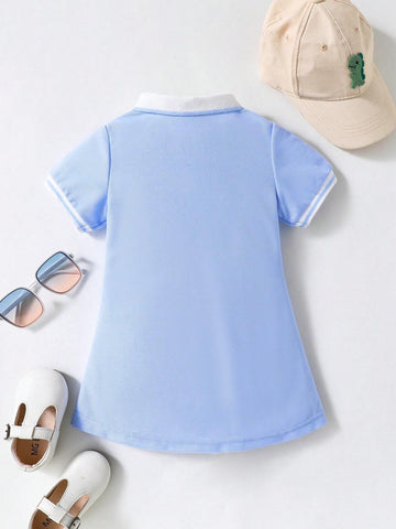 Baby Girl Contrast Collar Fold Pleated Detail Polo Neck Dress