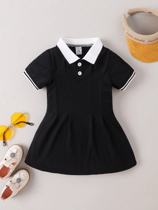 Baby Girl Contrast Collar Fold Pleated Detail Polo Neck Dress