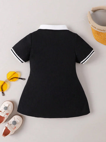 Baby Girl Contrast Collar Fold Pleated Detail Polo Neck Dress