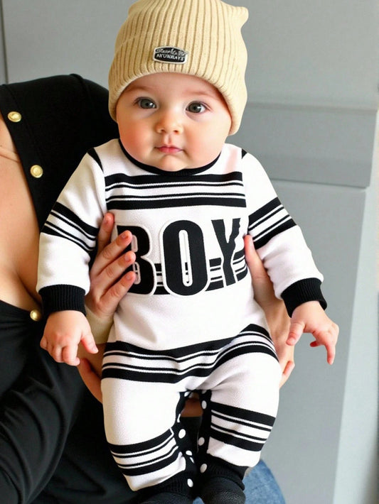 Baby Boys Casual triped Embroidered Letter Pattern Long Sleeve Romper