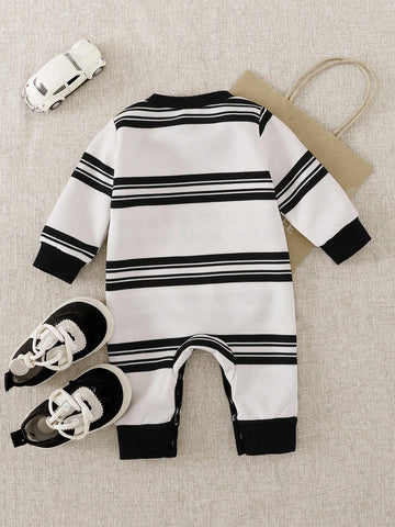 Baby Boys Casual triped Embroidered Letter Pattern Long Sleeve Romper