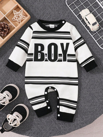 Baby Boys Casual triped Embroidered Letter Pattern Long Sleeve Romper