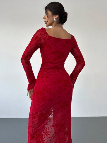 Elegant Floral Flocked Square Neck Ruched & Slit Ruffle Hem Slimming Dress