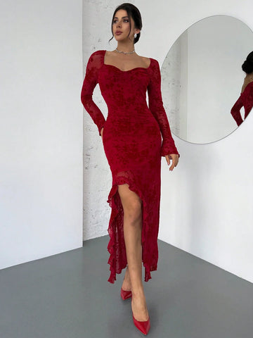 Elegant Floral Flocked Square Neck Ruched & Slit Ruffle Hem Slimming Dress