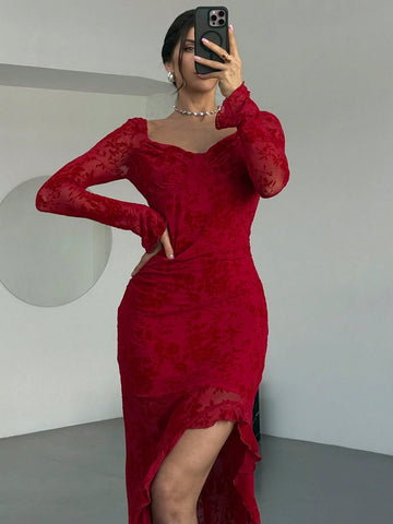 Elegant Floral Flocked Square Neck Ruched & Slit Ruffle Hem Slimming Dress