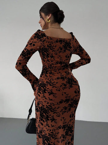 Elegant Floral Flocked Square Neck Ruched & Slit Ruffle Hem Slimming Dress
