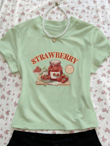 Women's Letter & Strawberry Print Round Neck Short Sleeve Casual T-Shirt