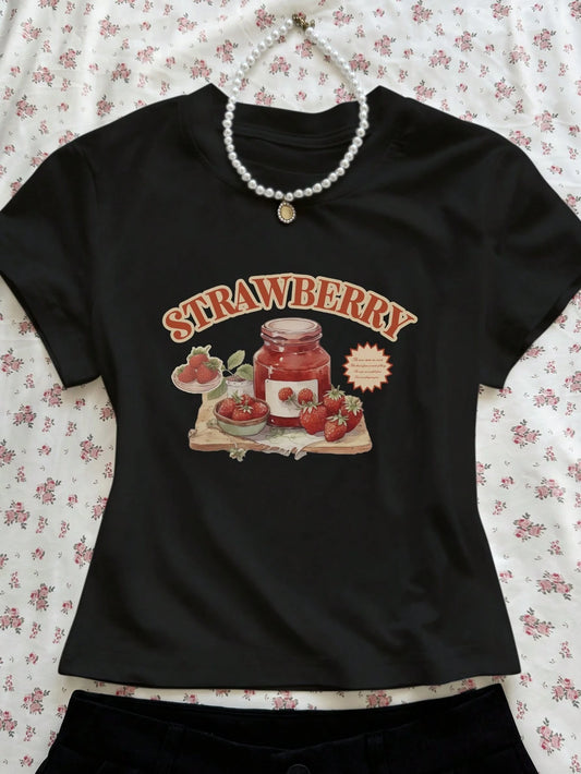 Women's Letter & Strawberry Print Round Neck Short Sleeve Casual T-Shirt