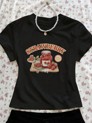 Women's Letter & Strawberry Print Round Neck Short Sleeve Casual T-Shirt