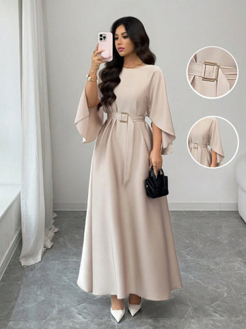Elegant Refined Commute & Casual Batwing Sleeve Cinched Waist Dress