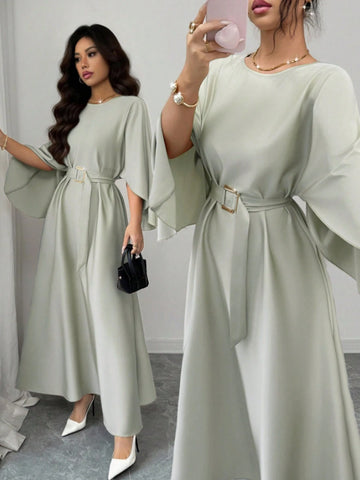 Elegant Refined Commute & Casual Batwing Sleeve Cinched Waist Dress