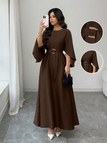 Elegant Refined Commute & Casual Batwing Sleeve Cinched Waist Dress