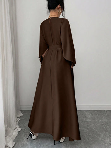 Elegant Refined Commute & Casual Batwing Sleeve Cinched Waist Dress