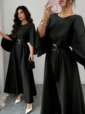 Elegant Refined Commute & Casual Batwing Sleeve Cinched Waist Dress