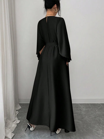 Elegant Refined Commute & Casual Batwing Sleeve Cinched Waist Dress