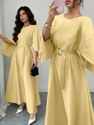 Elegant Refined Commute & Casual Batwing Sleeve Cinched Waist Dress