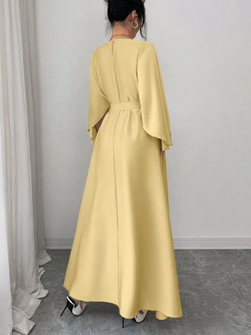 Elegant Refined Commute & Casual Batwing Sleeve Cinched Waist Dress