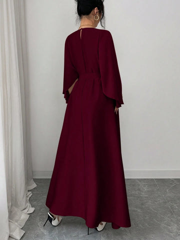 Elegant Refined Commute & Casual Batwing Sleeve Cinched Waist Dress