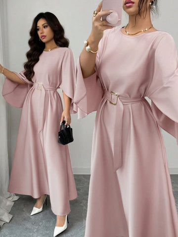 Elegant Refined Commute & Casual Batwing Sleeve Cinched Waist Dress
