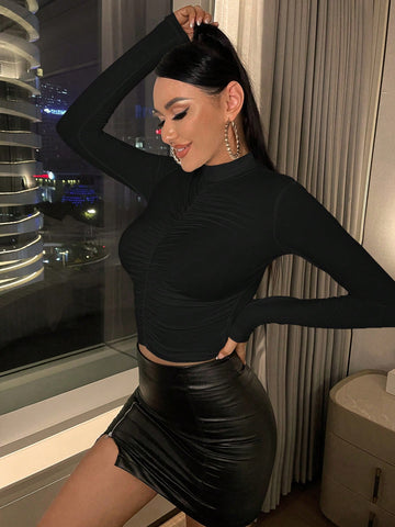 SXY Ruched Front Mock Neck Tee