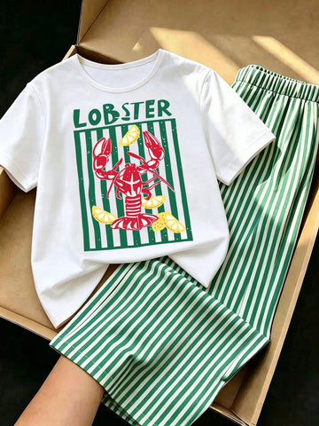 Short Sleeve Top Paired With Vertical Striped Long Pant