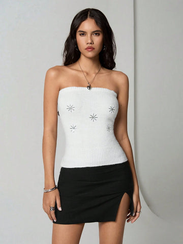 Women's Sweater Set, White Christmas Sequin Snowflake Camisole Top And Cardigan, Stretchy Knit