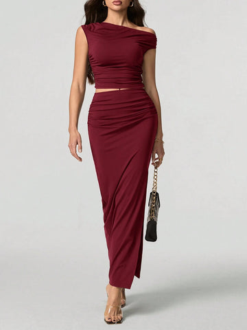Tall Women Oblique Shoulder Short Sleeve Top And Skirt