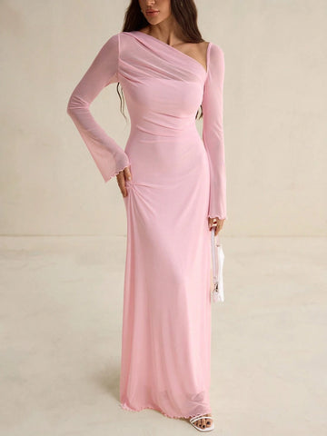 Tall Elegant Solid Color Asymmetric Neck Dress