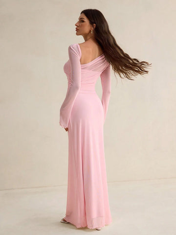 Tall Elegant Solid Color Asymmetric Neck Dress