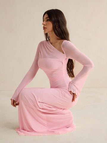 Tall Elegant Solid Color Asymmetric Neck Dress