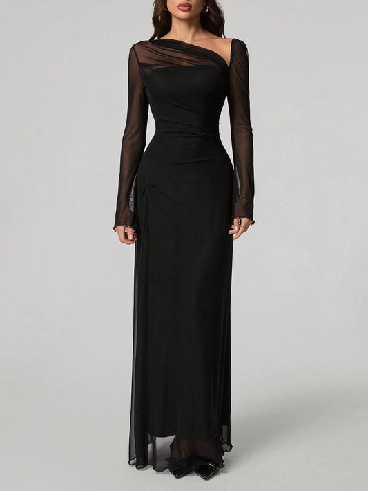 Tall Elegant Solid Color Asymmetric Neck Dress