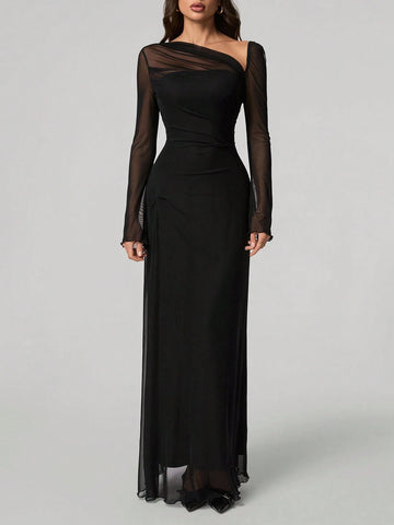 Tall Elegant Solid Color Asymmetric Neck Dress