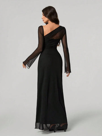 Tall Elegant Solid Color Asymmetric Neck Dress