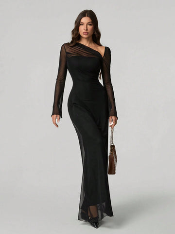 Tall Elegant Solid Color Asymmetric Neck Dress