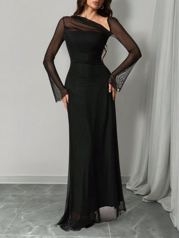 Tall Elegant Solid Color Asymmetric Neck Dress