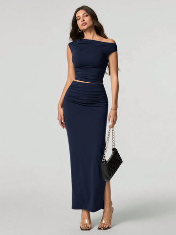 Tall Women Oblique Shoulder Short Sleeve Top And Skirt