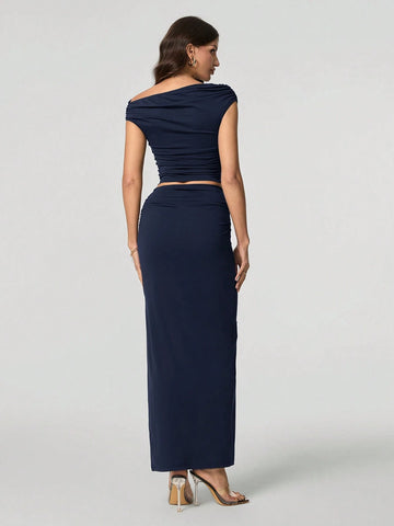 Tall Women Oblique Shoulder Short Sleeve Top And Skirt