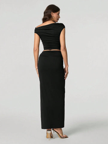 Tall Women Oblique Shoulder Short Sleeve Top And Skirt
