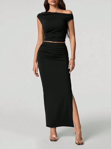 Tall Women Oblique Shoulder Short Sleeve Top And Skirt
