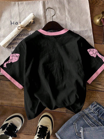 Vintage Letter & Number Badge Motif Mesh Knit Oversized T-Shirt