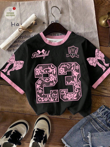 Vintage Letter & Number Badge Motif Mesh Knit Oversized T-Shirt
